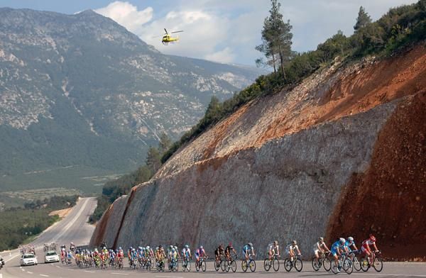 The peloton amidst spectacular scenery during stage four at the Tour of Turkey.