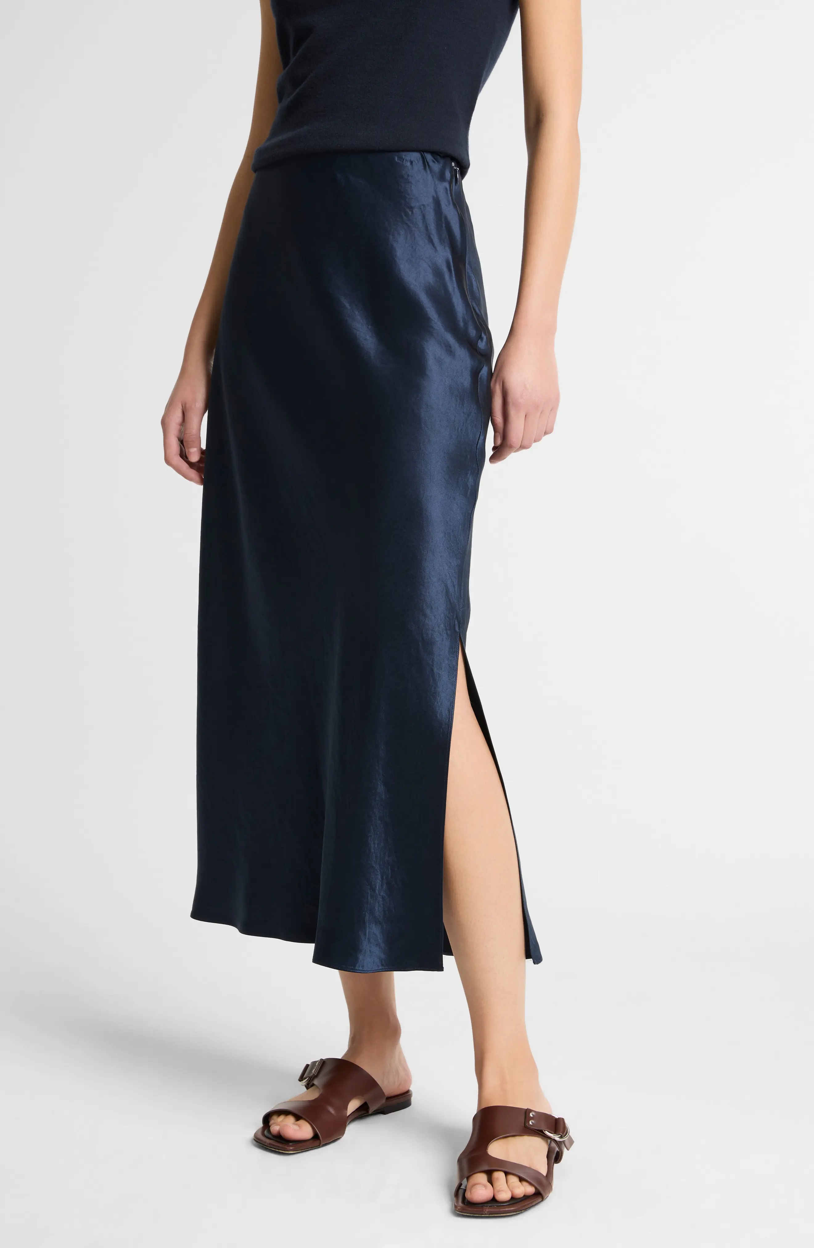 Vince, Side Slit Matte Satin Slip Skirt