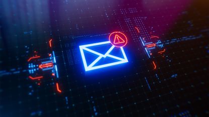 Phishing attack concept image showing an email symbol with red alert symbol on top of a digital interface.