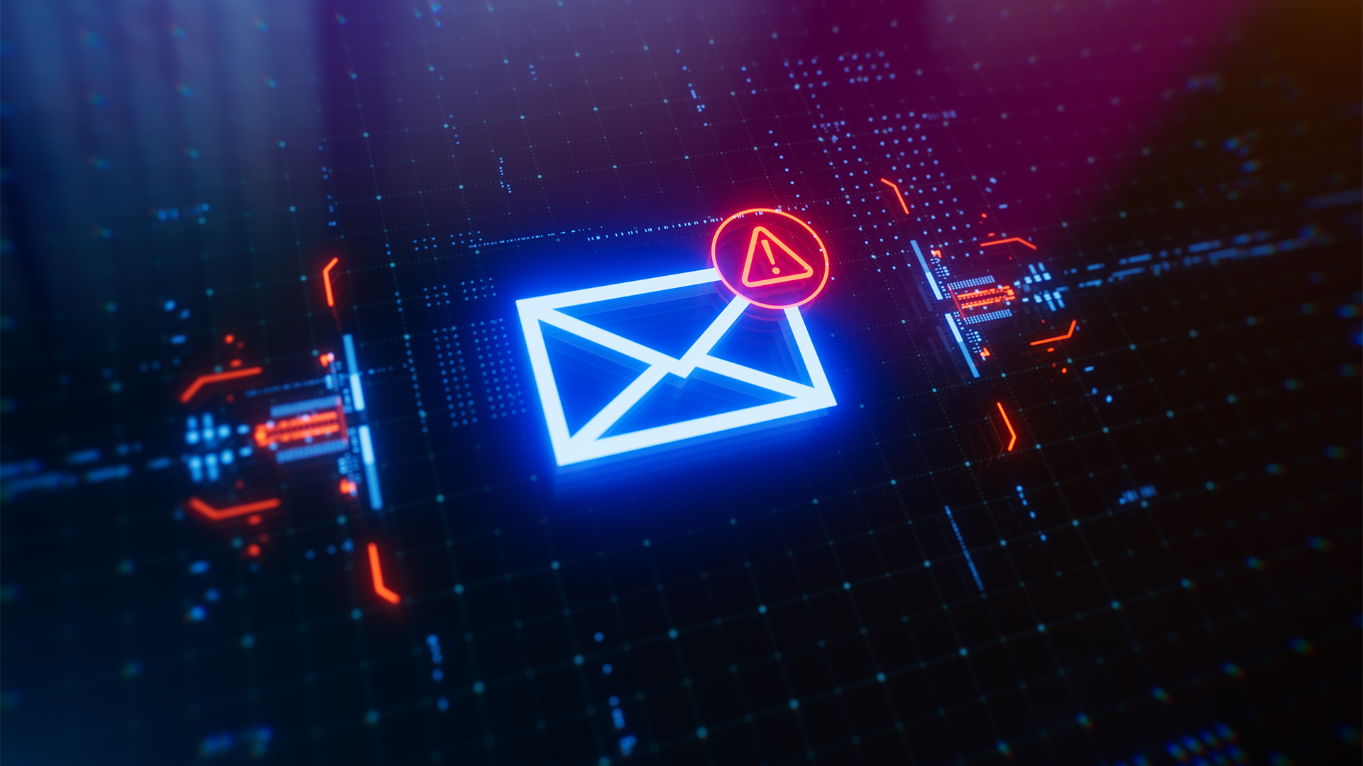 Phishing attack concept image showing an email symbol with red alert symbol on top of a digital interface.