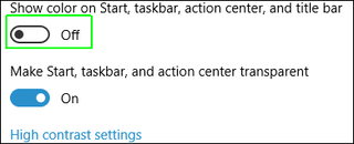 Toggle show color on Start, Taskbar, etc. to "Off"