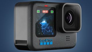 The GoPro Hero 12 Black action camera on a blue background