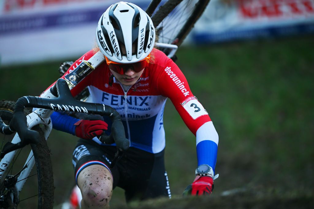 Puck Pieterse on the steep run-up at the UCI Cyclocross World Cup in Namur in 2023