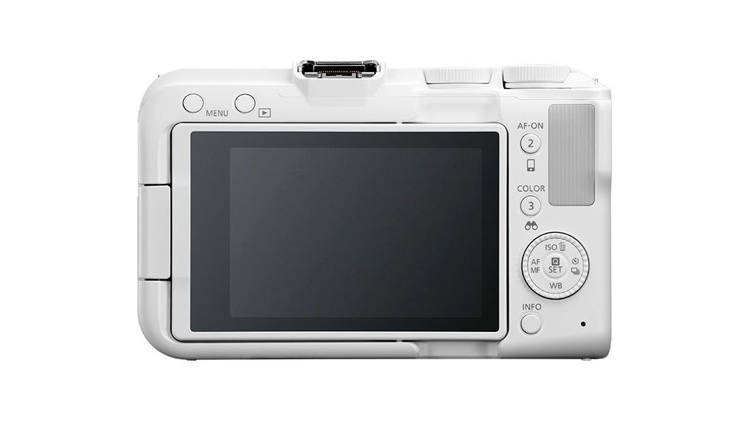 Canon EOS R50 V in white, against a white background
