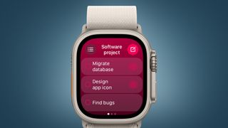 An Apple Watch on a blue background showing the Planny app