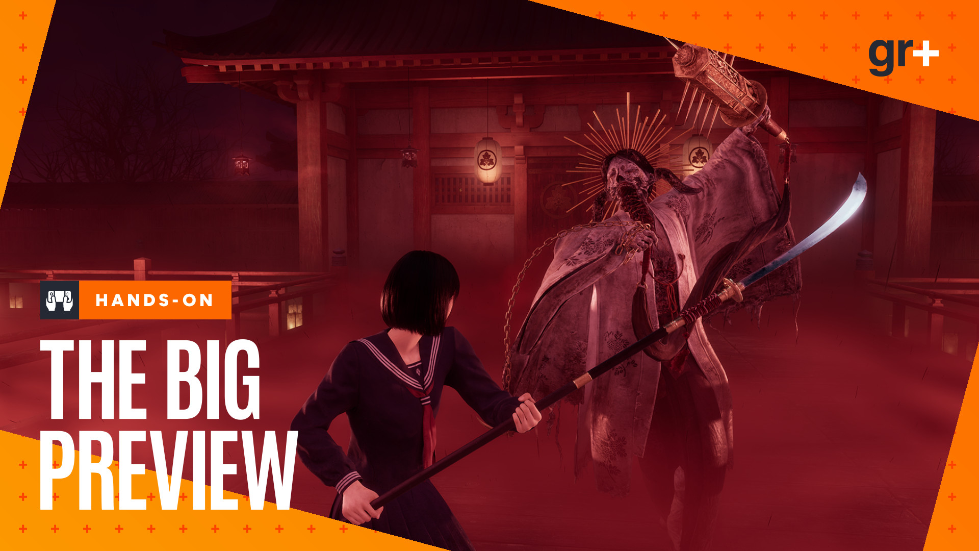 Hinako fights a shrine maiden boss in Silent Hill f with the GamesRadar+ Big Preview frame branding