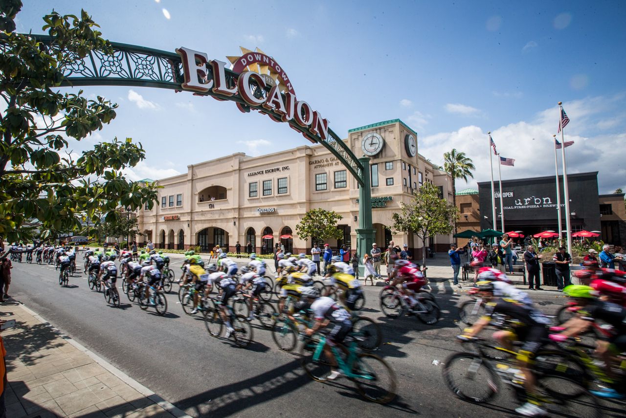 The peloton passes though the town of El Cajon