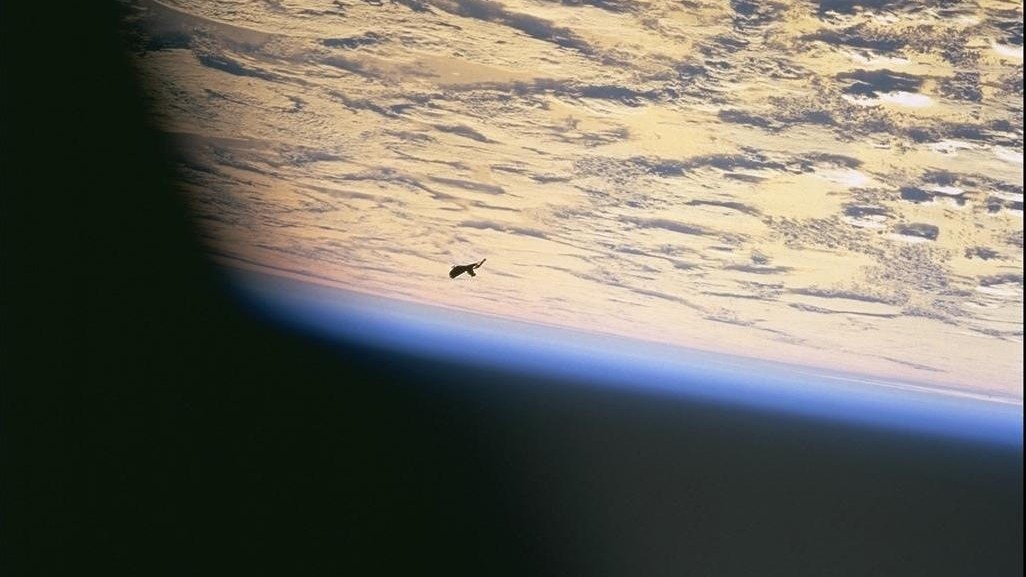 images captured from space show earth covered in clouds below and a small black object visible towards the left of the image.