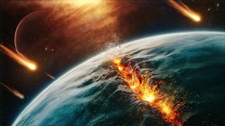 An illustration showing a fiery rift in Earth's tectonic plates