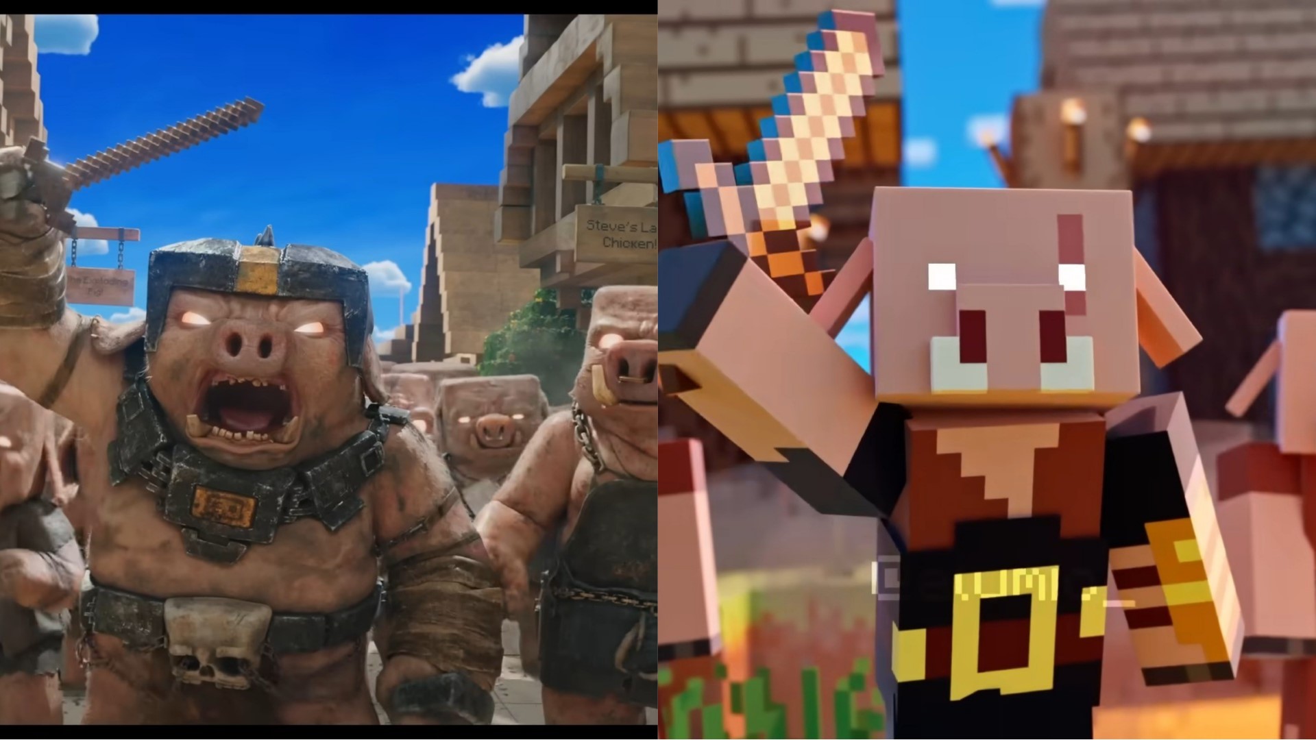 Minecraft movie side by side with animated version