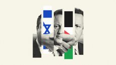 Photo composite of David Cameron, Israeli and Palestinian flags, and a pair of shaking hands