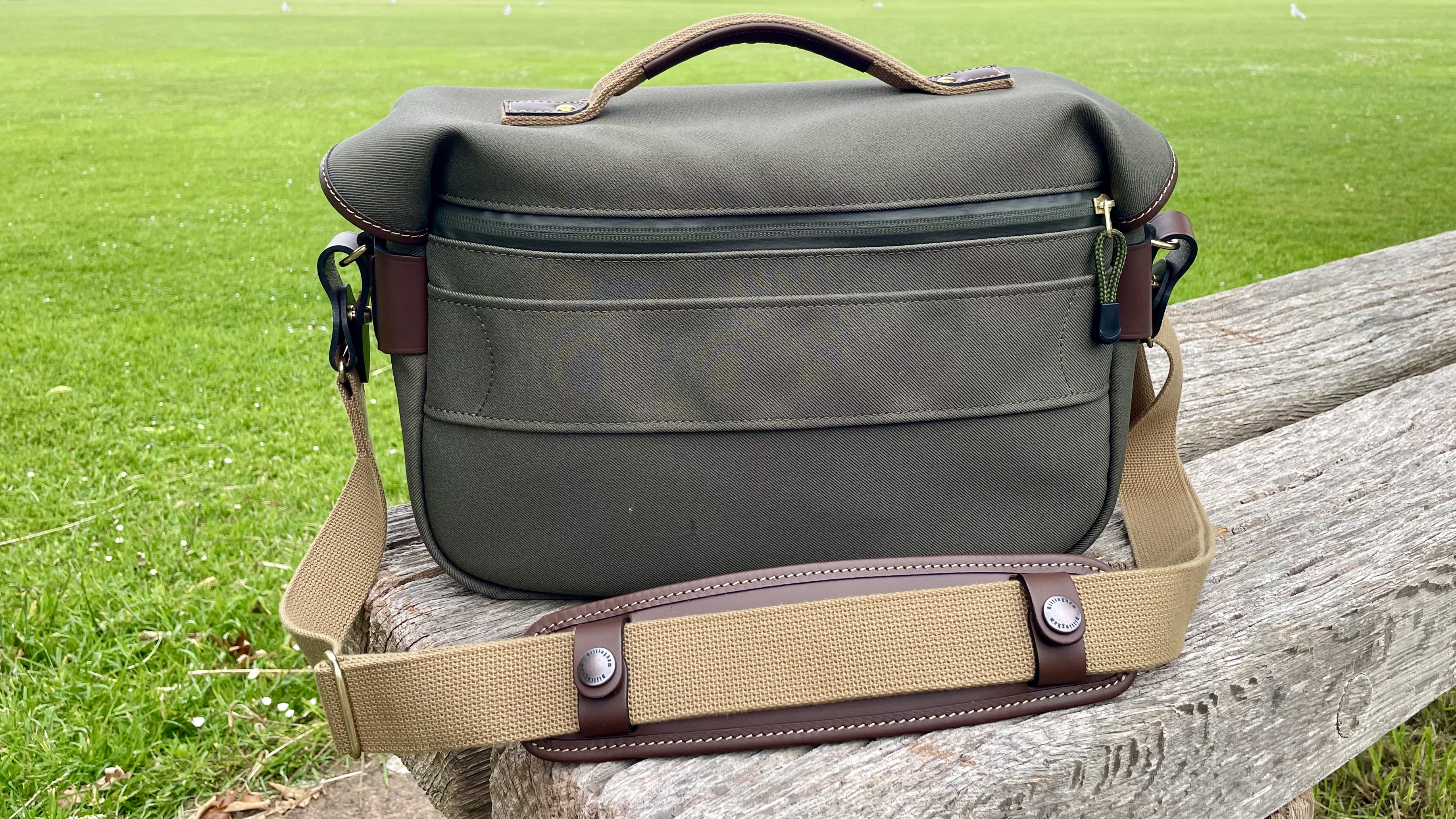 Billingham Hadley Pro 2020 camera bag outdoors on a park bench