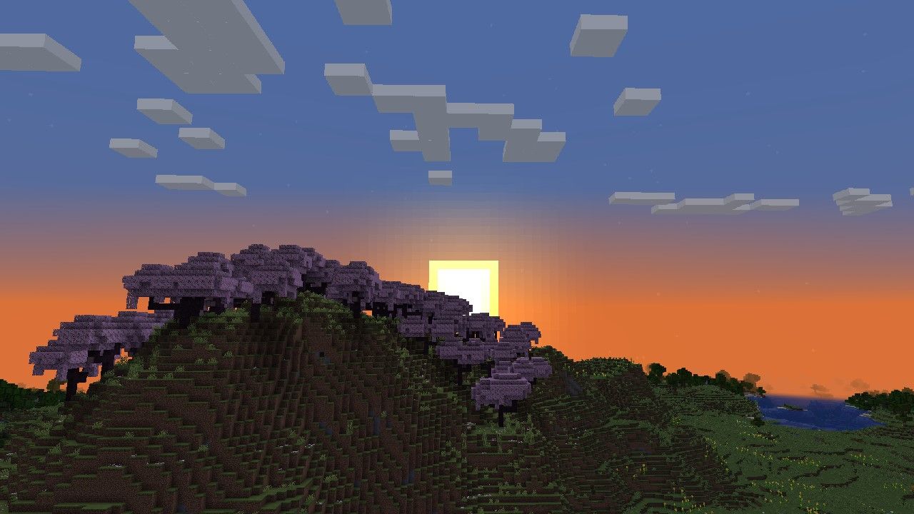 In-game screenshot of the Cherry Blossom biome in Minecraft 1.20.