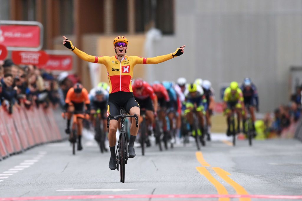 TROMSO NORWAY AUGUST 05 Markus Hoelgaard of Norway and UNO X Pro Cycling Team celebrates at finish line as stage winner during the 8th Arctic Race Of Norway 2021 Stage 1 a 1425km stage from Troms to Troms ArcticRace on August 05 2021 in Tromso Norway Photo by Stuart FranklinGetty Images