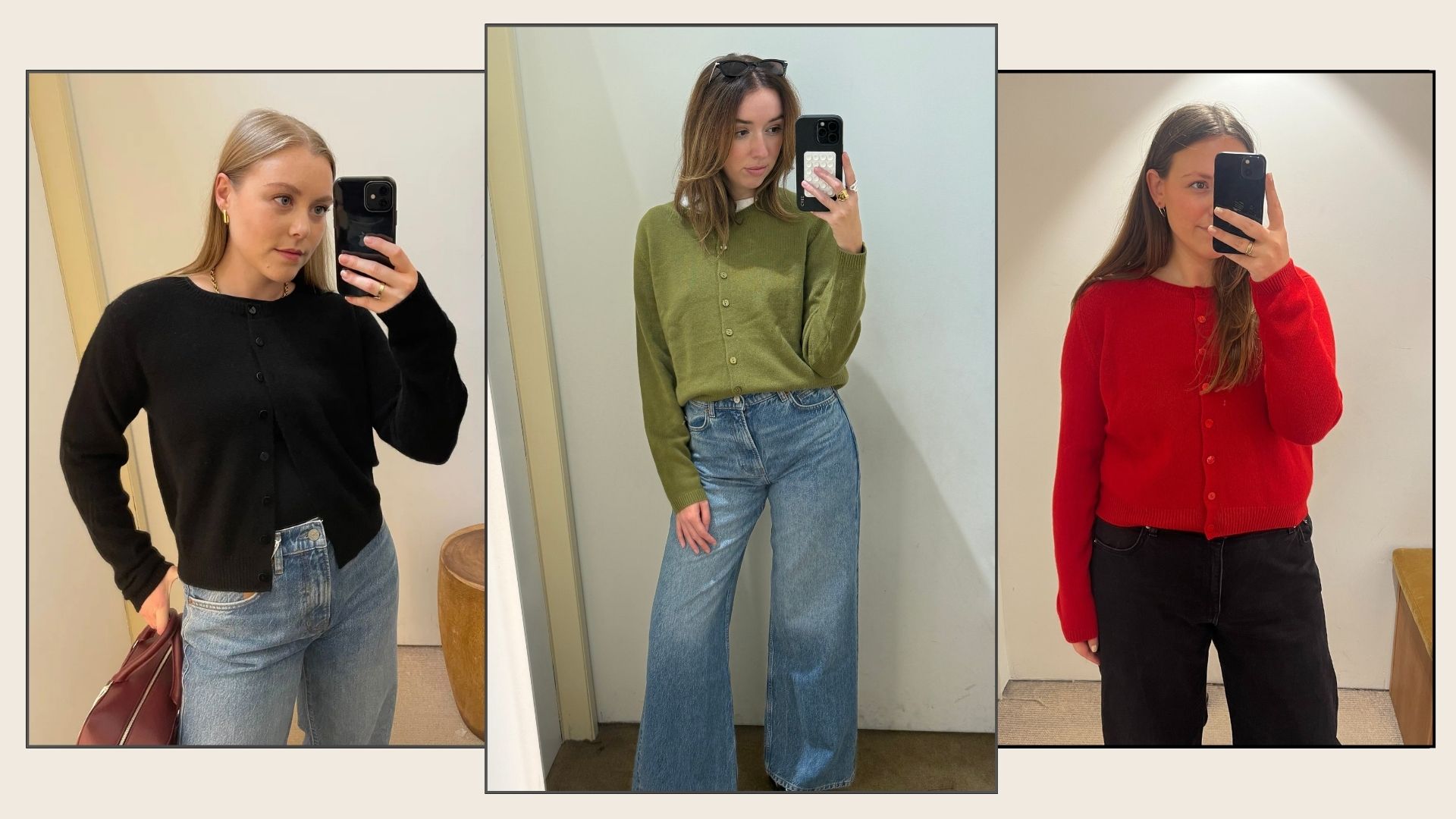 Three editors wear the clara cashmere cardigan in black, green and red, now on sale for black friday