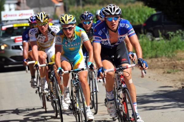 Wouter Weylandt (Quick Step) leads Enrico Gasparotto (Astana) and Andr&eacute; Greipel (HTC - Columbia) in the early break.