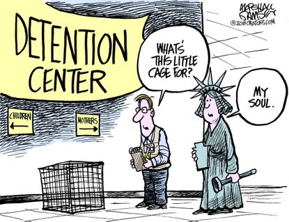 Political cartoon U.S. immigration family separation Statue of Liberty detention center cages children