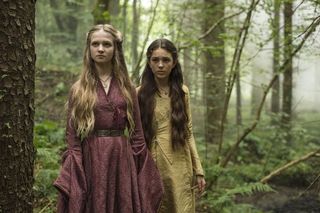 Scene from 'Game of Thrones': Season 5, Episode 1; two young girls walking in woods