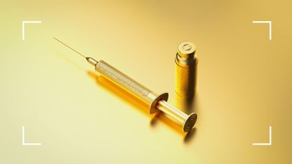 Golden graphic of syringe and vial of injectable, representing the 'magic bullet' of Wegovy UK