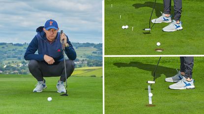 Golf Monthly Top 50 Coach Ged Walters reading the line of a putt with two inset images of putting drills