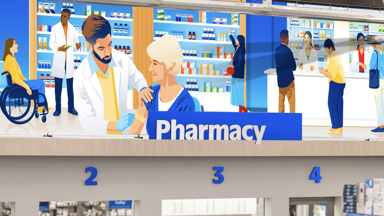 Walmart illustrations in situ above the pharmacy