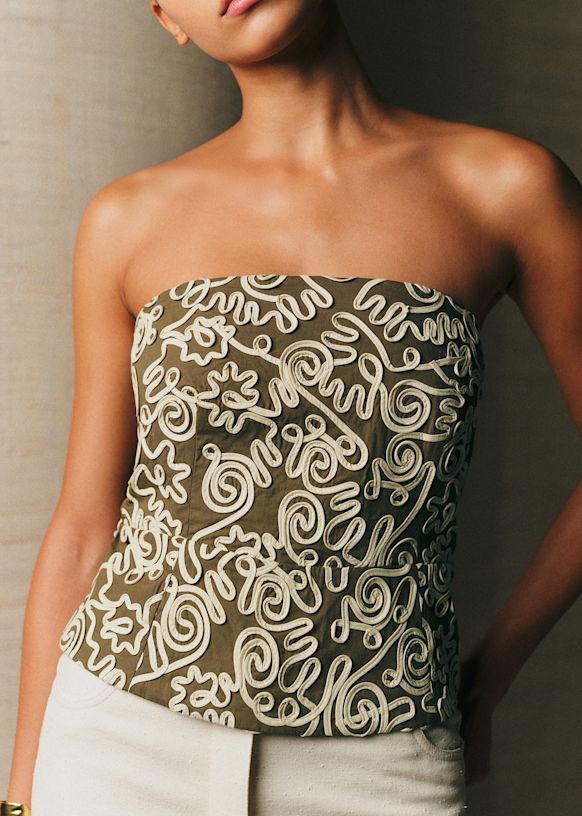 Adriel Top - Khaki With Cream Dori Embroidery - Organic Cotton - Organic Textile - S&amp;eacute;zane