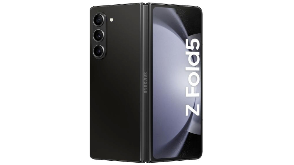 Samsung Galaxy Z Fold 5 leaked render half open showing lit cover display in black