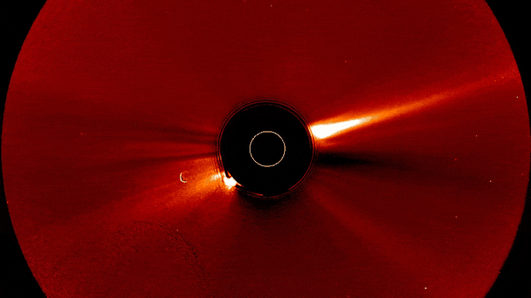 View of a coronal mass ejection billowing away from the Sun in GIF format.