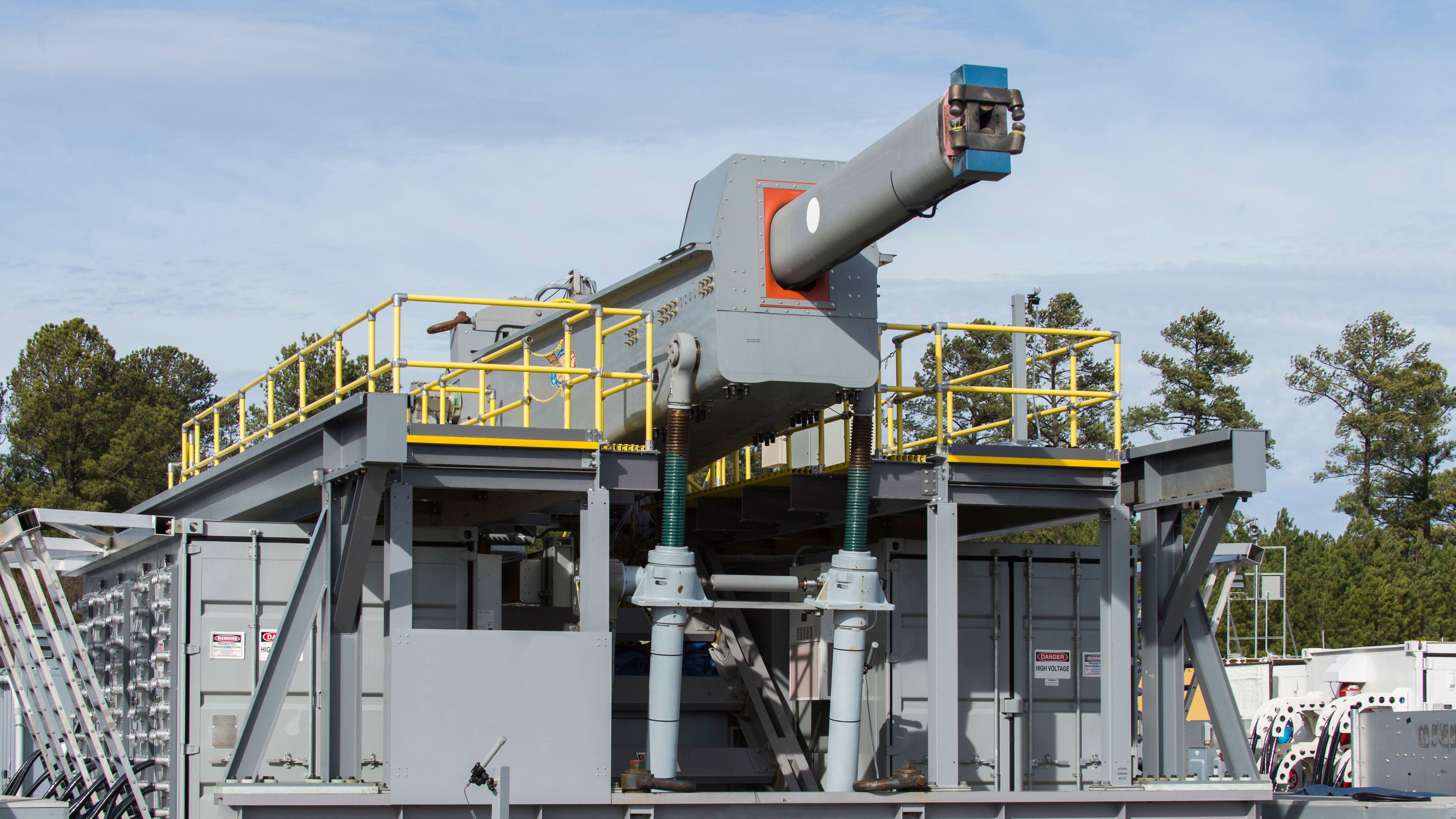 An electromagnetic railgun displayed is a long-range weapon that fires projectiles using electricity instead of chemical propellants.