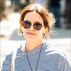 Katie Holmes wearing a Breton top and straight-leg black jeans in New York City