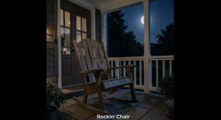 A picture of a rocking chair on a nighttime porch. 