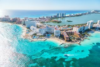 An aerial view of hotels in Cancun, Mexico.