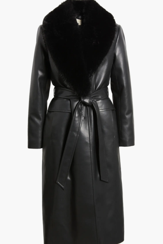 Michael Kors Belted Faux Leather Coat with Faux Fur Collar (Was $500)