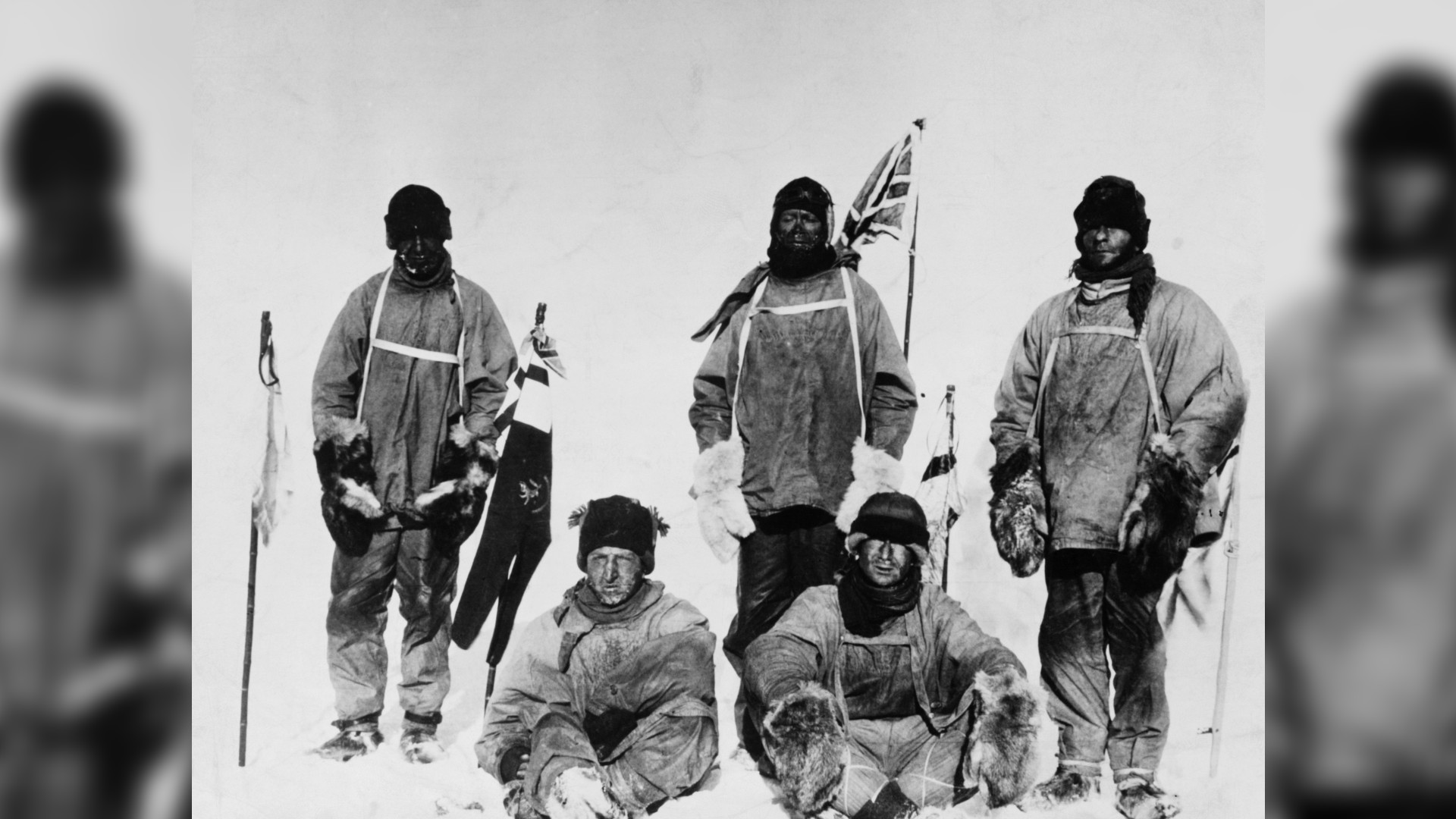 Captain Scott and his crew at the South Pole. Left to right: Laurence Oates, H.R. Bowers, Robert Scott, Edward Wilson and Edgar Evans.