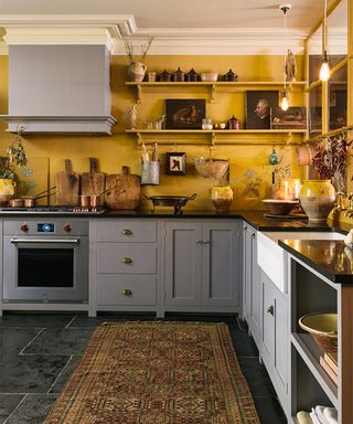 Grey kitchen ideas with grey units and yellow painted walls