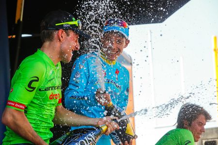 Miguel Angel Lopez celebrates on the Milano-Torino podium
