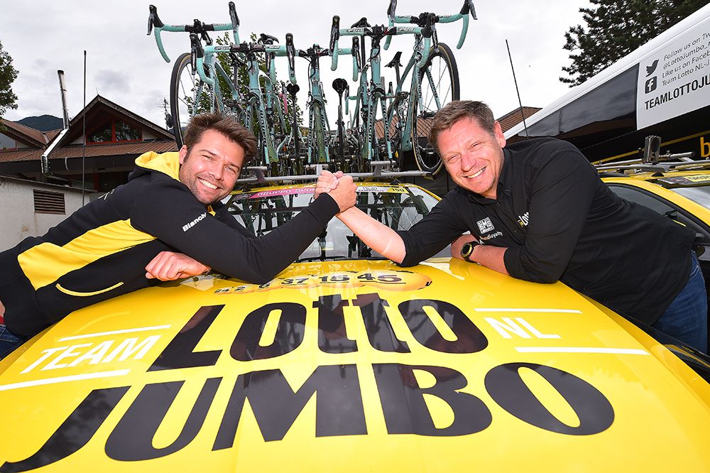 Lotto Jumbo directors Addy Engels and Jan Boven in high spirits at the Giro d'Italia