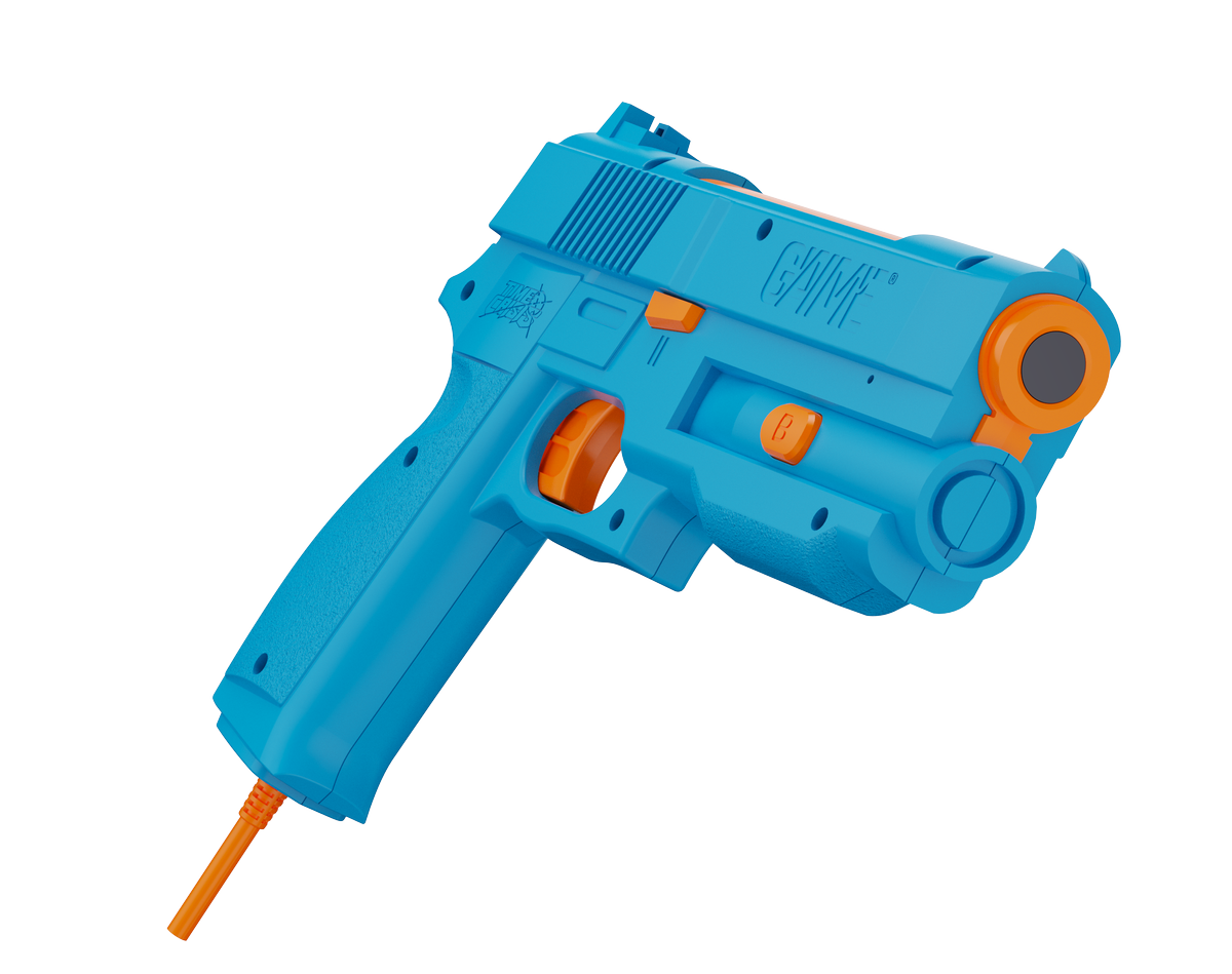 A blue lightgun, console and pedal
