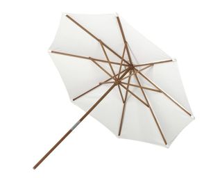 A cream and wood garden parasol from Skagerak