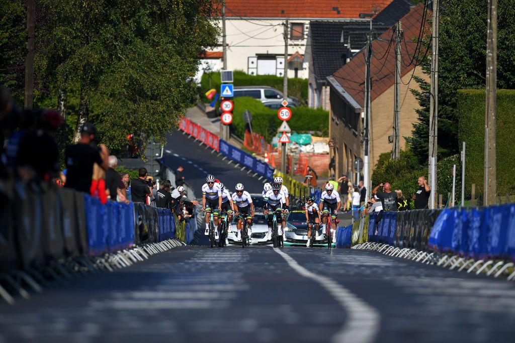 LEUVEN BELGIUM SEPTEMBER 23 LR Luke Durbridge of Australia Caleb Ewan of Australia Lucas Hamilton of Australia Michael Matthews of Australia and Callum Scotson of Australia during the 94th UCI Road World Championships 2021 Training flanders2021 on September 23 2021 in Leuven Belgium Photo by Luc ClaessenGetty Images