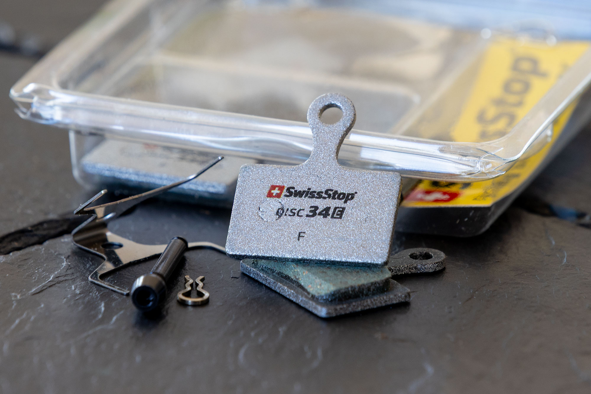 SwissStop Disc E brake pads propped up against their packet.