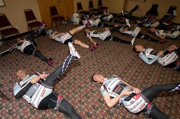 Synchronized stretching before the big ride.