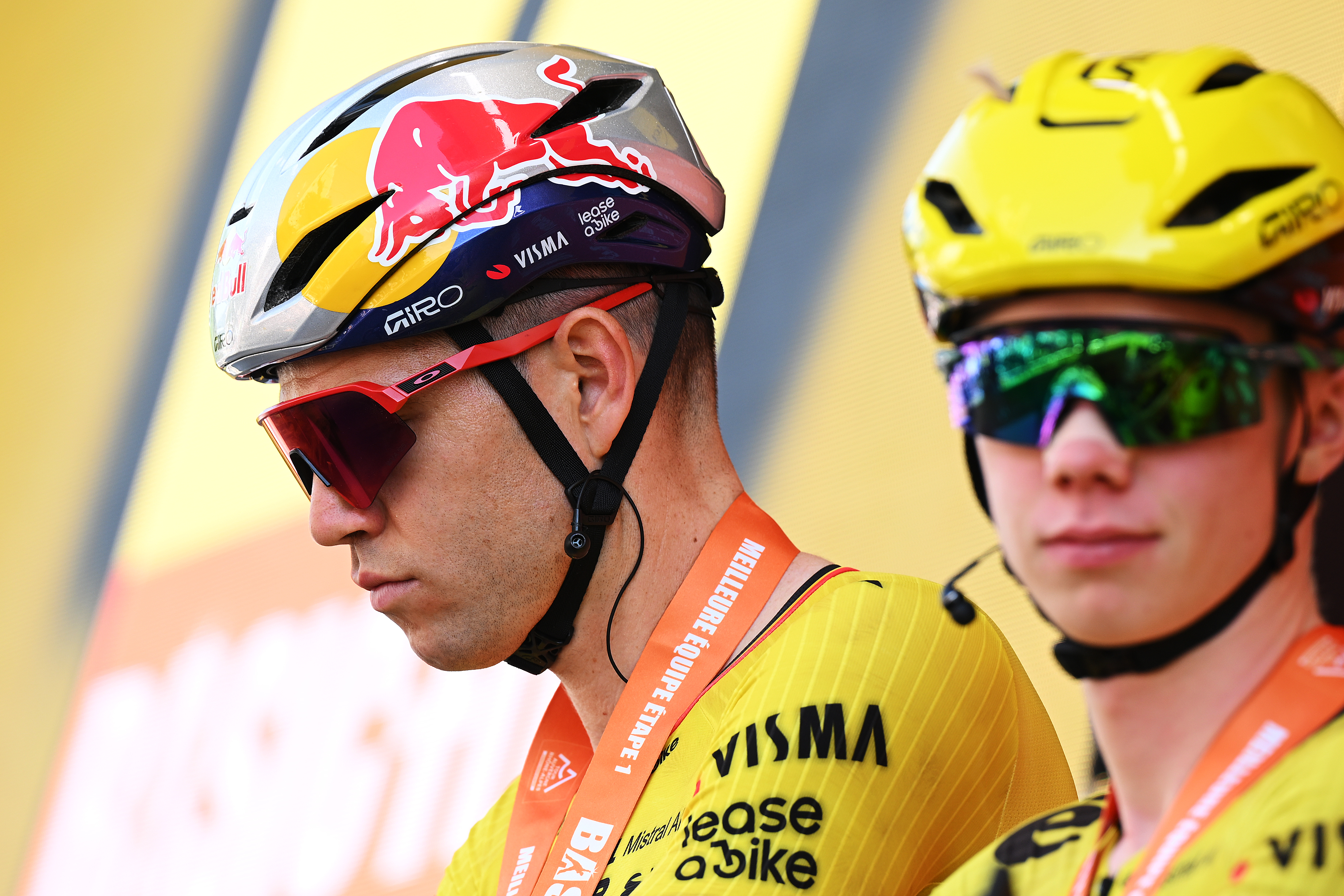 LE PUY-EN-VELAY, FRANCE - JUNE 08: Wout van Aert of Belgium and Team Visma | Lease a Bike prior to the 78th Tour Auvergne-Rhone-Alpes 2026, Stage 2 a 234.3km stage from Saint-Martin-le-Vinoux to Le Puy-en-Velay 624m / #UCIWT / on June 08, 2026 in Le Puy-en-Velay, France. (Photo by Dario Belingheri/Getty Images)