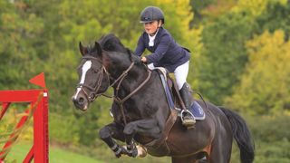 Young rider Alfie Bailey clears a fence on a bay horse