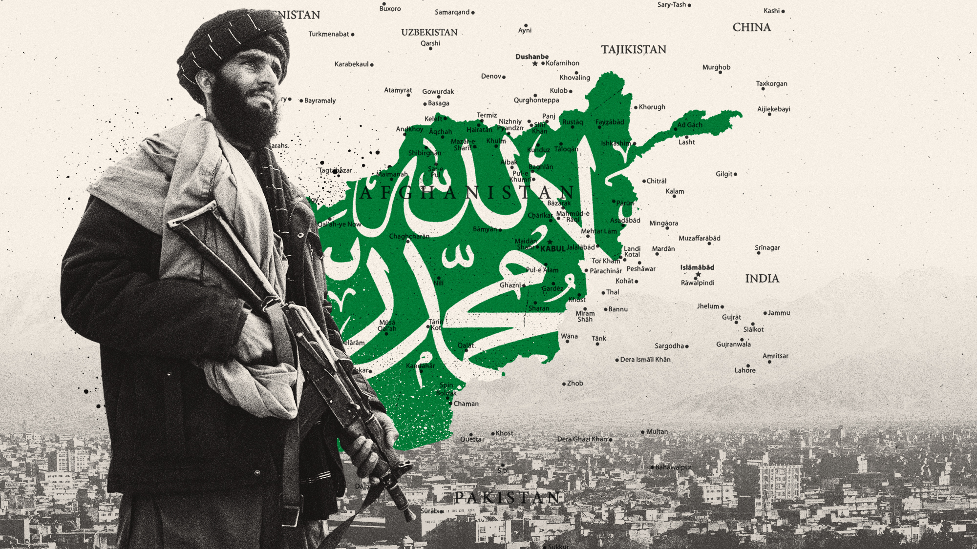 Photo composite illustration of Taliban security personnel, Kabul skyline and map of Afghanistan
