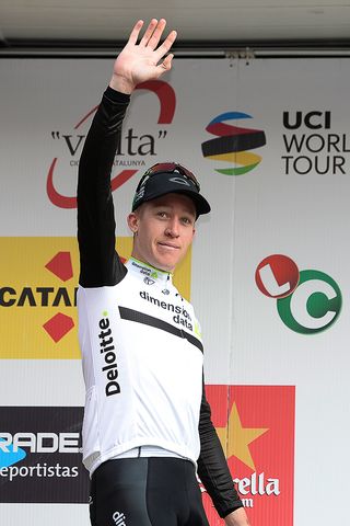 Cameron Meyer on the stage 1 podium at Volta a Catalunya.