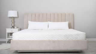 White mattress that comes with a lifetime warranty placed on a beige bedframe