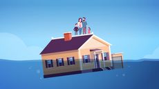 House with family sinking in water illustration