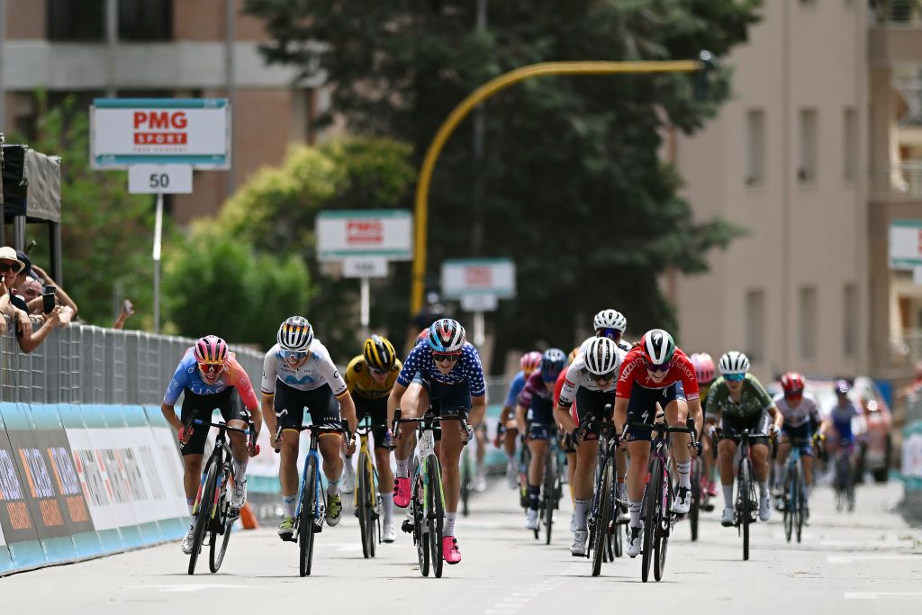 SASSARI ITALY JULY 08 LR Silvia Persico of Italy and UAE Team ADQ Liane Lippert of Germany and Movistar Team Chloe Dygert of The United States and Team CanyonSRAM Racing Ally Wollaston of New Zealand and Team AG Insurance Soudal QuickStep and Blanka Vas of Hungary and Team SD Worx during the 34th Giro dItalia Donne 2023 Stage 8 a 1257km stage from Nuoro to Sassari UCIWWT on July 08 2023 in Sassari Italy Photo by Dario BelingheriGetty Images