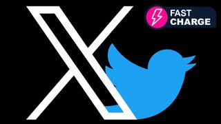 Twitter's new X logo next to its blue bird logo on a black background